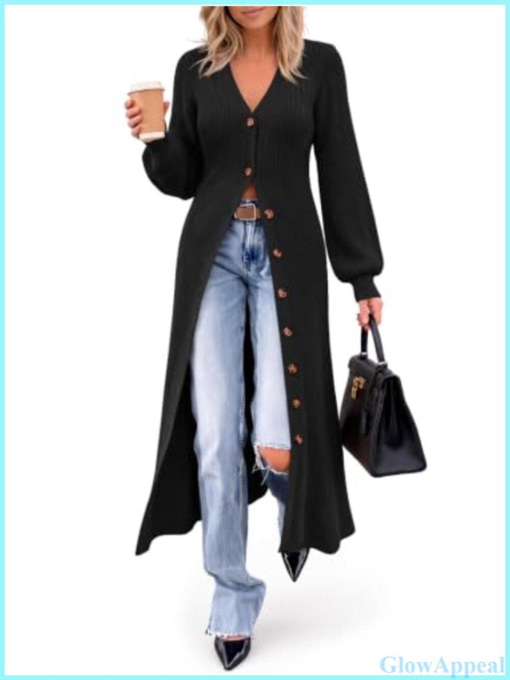 Women Long Cardigan Button Up Chunky Knit Duster Sweater Coat V-Neck Ruffle Hem